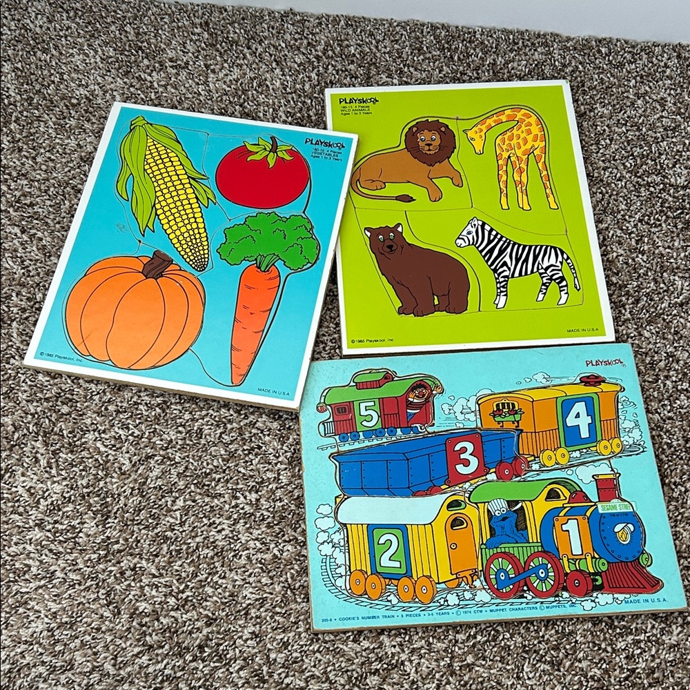 Playskool Vintage 70s 80 Puzzle Set of 3 - Colorful Farm, Train & Safari Puzzles